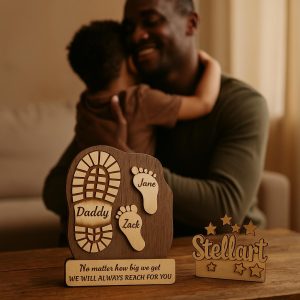 Custom wooden footprint plaque for dad with engraved names, handmade in UAE.