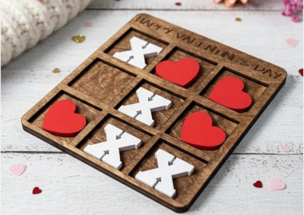 Wooden Tic Toe Game with Hearts and Xs for Valentine's Day
